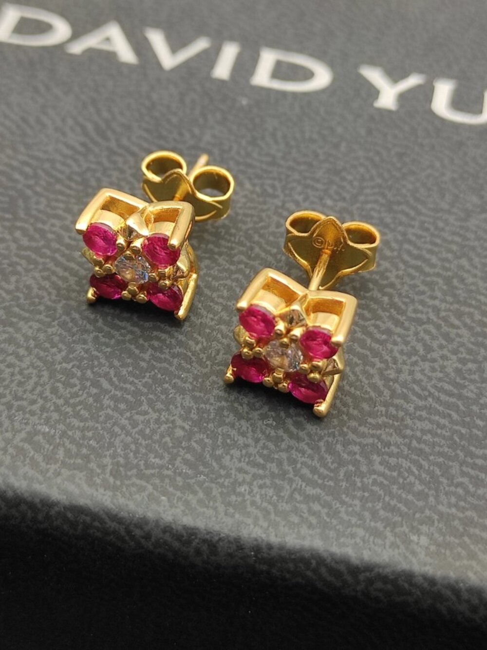 David Yurman small gold and red diamond pyramid earrings